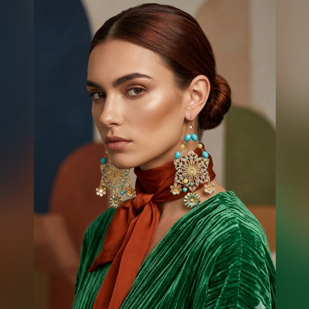 Gold-Tone Filigree Turquoise Boho Floral Drop Earrings